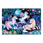 100-piece glow-in-the-dark puzzle featuring three magical unicorns in an enchanted night forest.