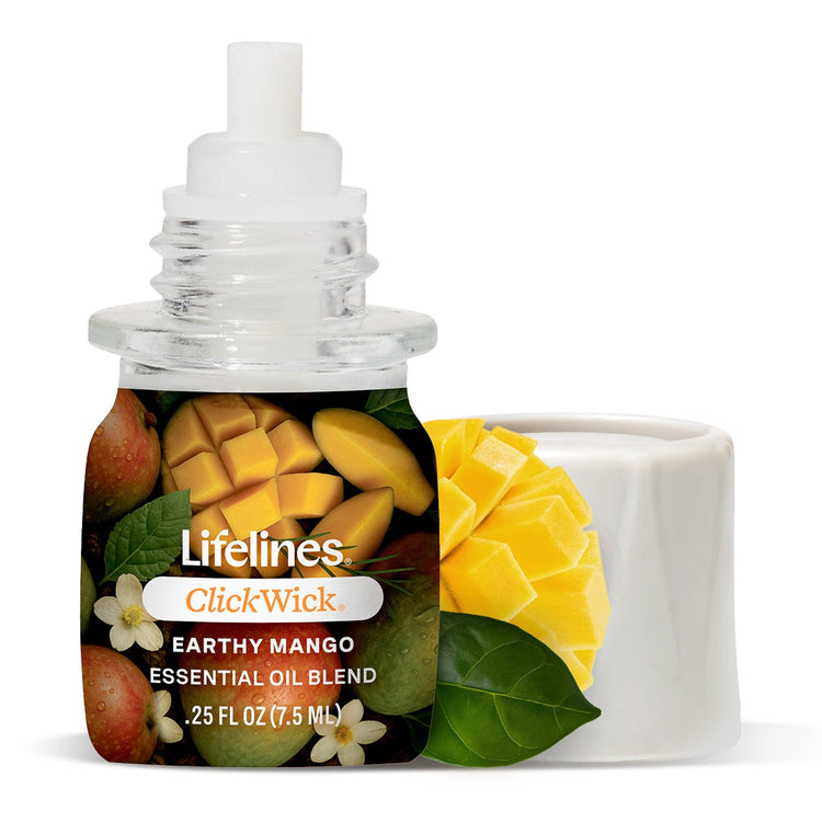 Lifelines ClickWick Earthy Mango essential oil blend refill bottle, 7.5ml, with cap