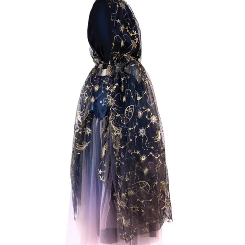 Child-sized navy hooded cloak with gold constellation embroidery and layered lavender tulle hem