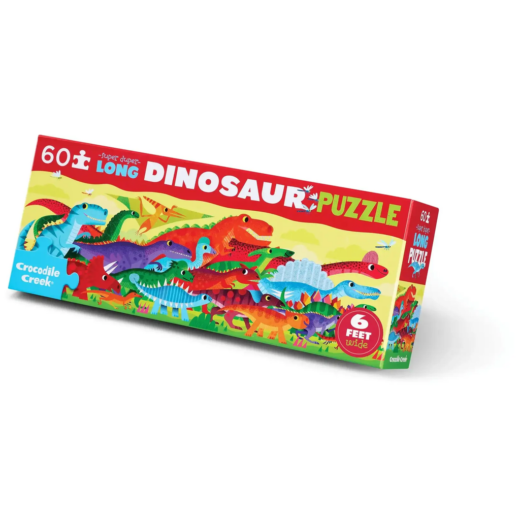 Crocodile Creek Super Duper Long 60-piece Dinosaur Puzzle box featuring colorful cartoon dinosaurs