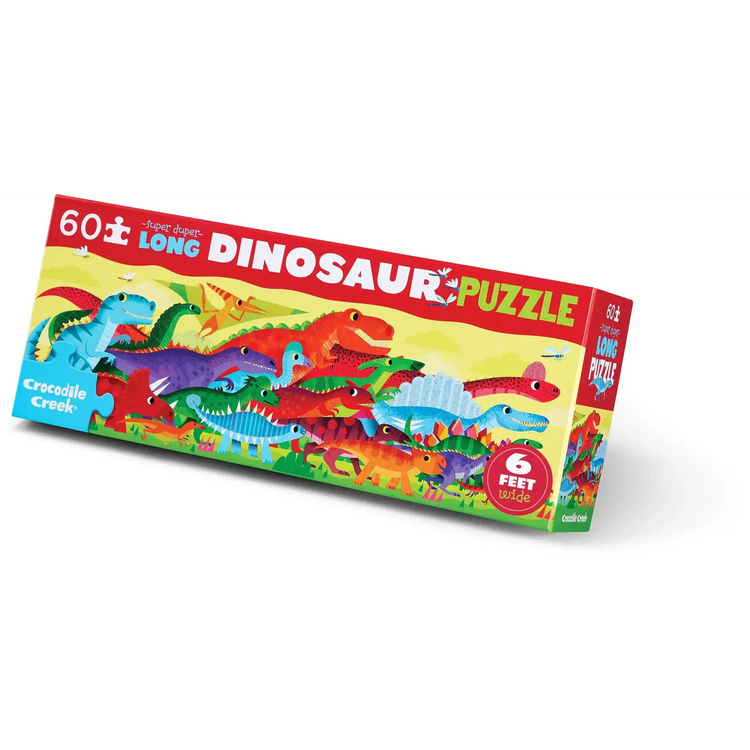 Crocodile Creek Super Duper Long 60-piece Dinosaur Puzzle box featuring colorful cartoon dinosaurs