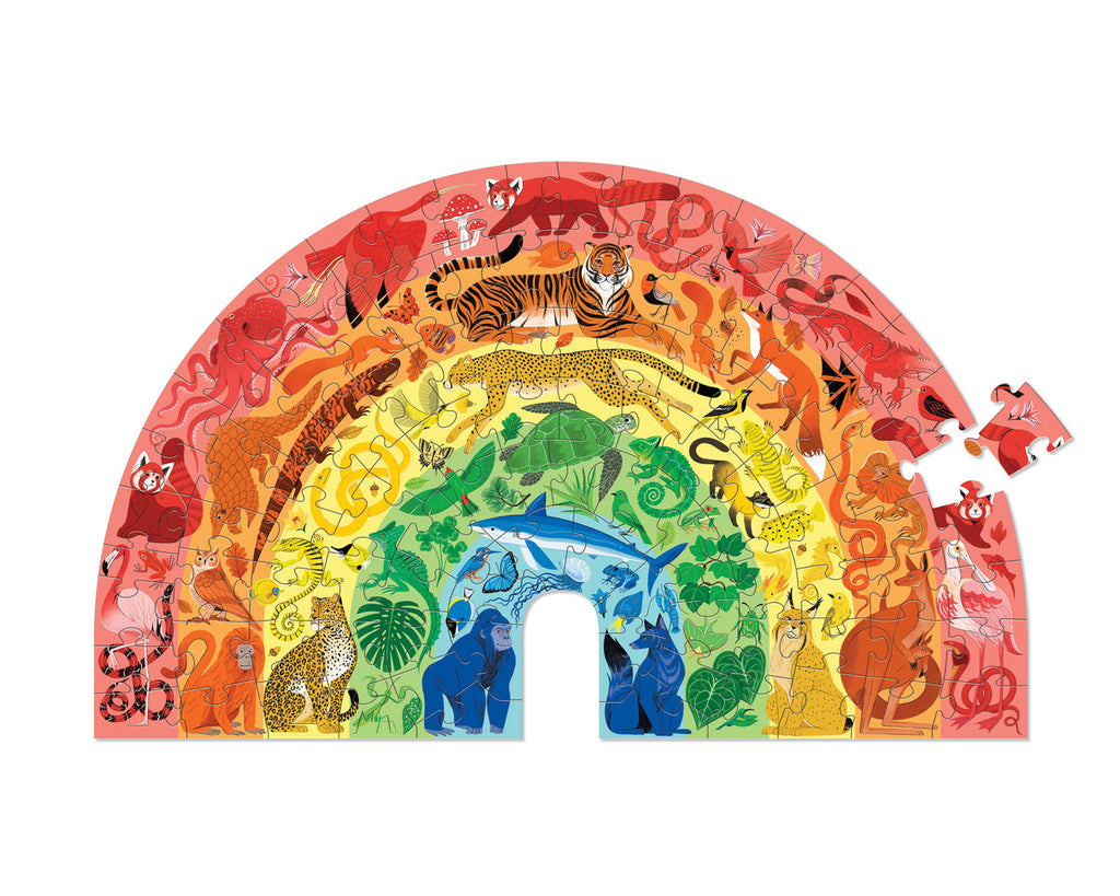 100-piece rainbow-shaped puzzle featuring colorful wildlife animals arranged by color spectrum
