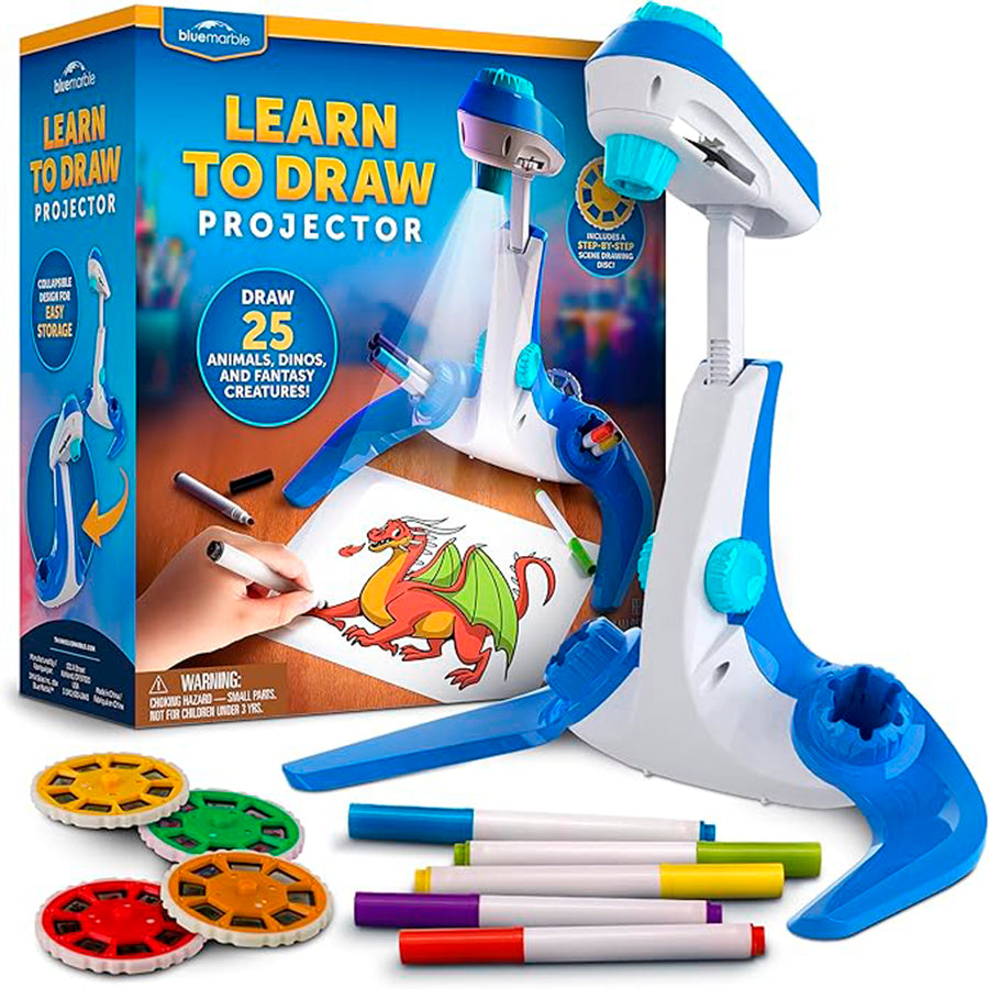 Blue Marble Learn to Draw Projector with marker set, slide discs, and dragon drawing example