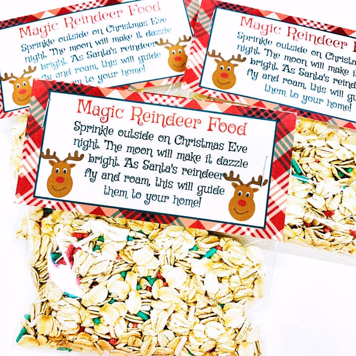 Magic Reindeer Food stocking stuffer bags filled with oats and colorful sprinkles with Christmas plaid labels