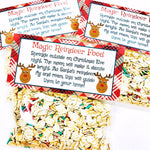 Magic Reindeer Food stocking stuffer bags filled with oats and colorful sprinkles with Christmas plaid labels