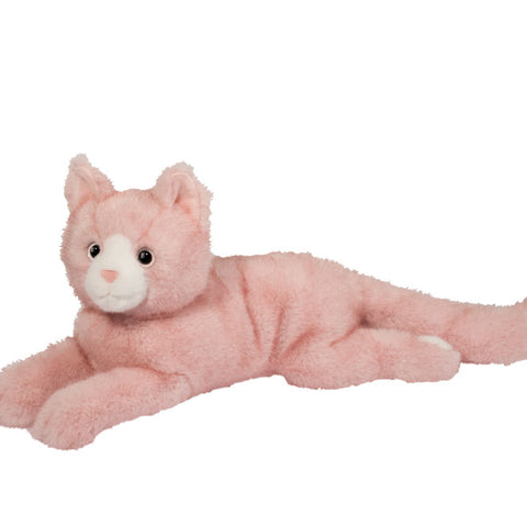 Pink plush cat stuffed animal lying down with white muzzle and black eyes