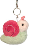 Fluffy plush snail bag charm keychain with pink shell and mint green body