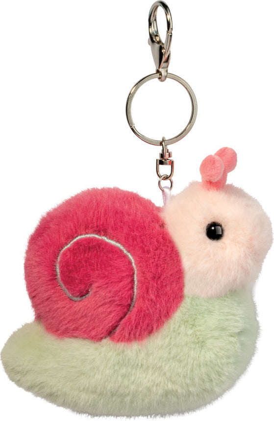 Fluffy plush snail bag charm keychain with pink shell and mint green body