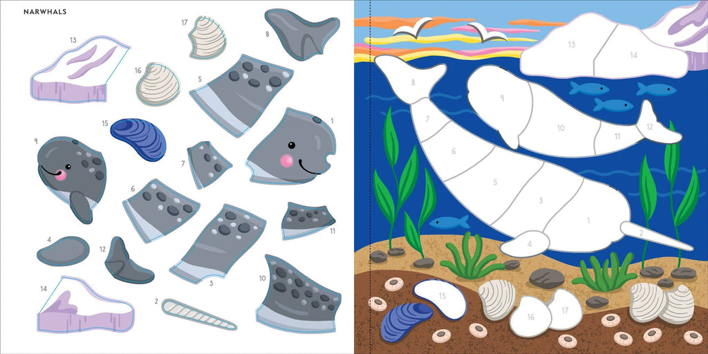 My First Color By Sticker Book Under The Sea narwhal sticker activity page with numbered placement guide.