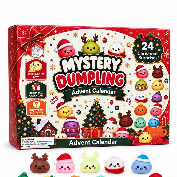 Mystery Dumpling Advent Calendar box with 24 surprise stress-relief dumpling toys displayed