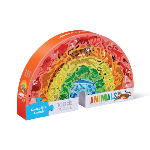Crocodile Creek Animals 100-piece rainbow-shaped puzzle box featuring colorful illustrated animals