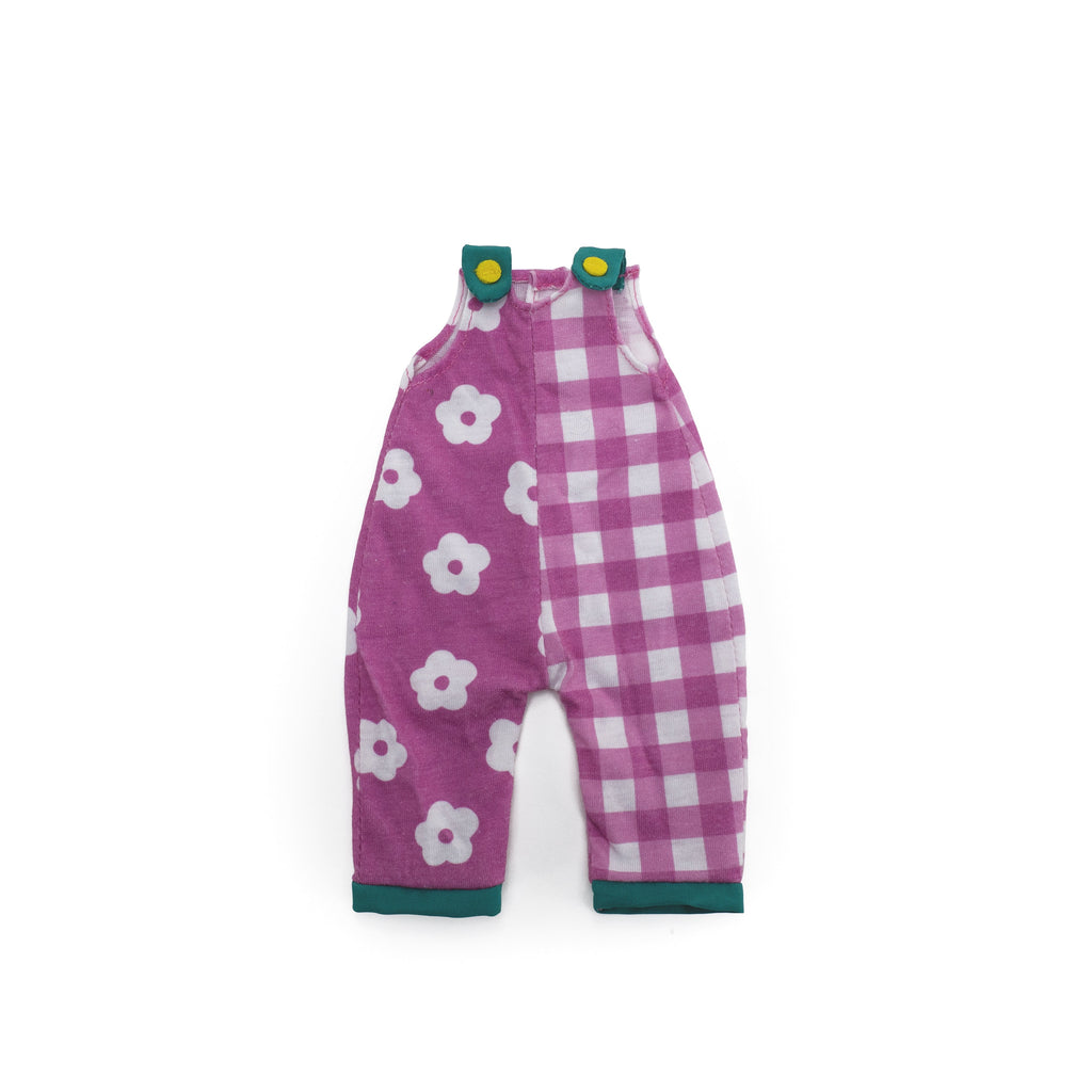 Children's doll overalls with mixed floral and gingham purple fabric, teal cuffs and yellow button straps.
