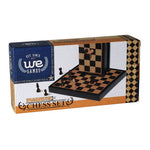 WE Games magnetic folding chess set in black stained wood with wooden pieces displayed on box packaging
