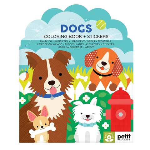 Petit Collage Dogs Coloring Book with Stickers featuring illustrated cartoon dogs on cover
