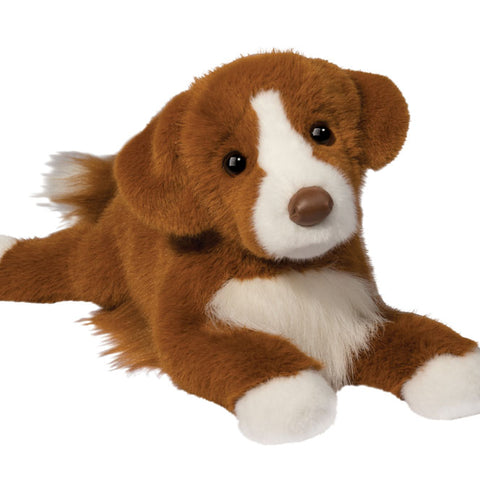 Douglas plush Rush Duck Tolling Retriever stuffed animal lying down, brown and white