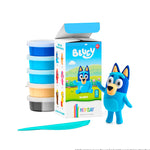 Hey Clay Bluey air dry clay set with five colored clay cans, sculpting tool, box, and finished Bluey figurine