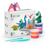 Hey Clay Dinos set with clay containers, sculpting tools, and dinosaur figurines on white background