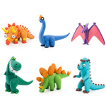 Six colorful clay dinosaur figures including T-Rex, Brachiosaurus, Stegosaurus, Triceratops, Pterodactyl, and Ankylosaur