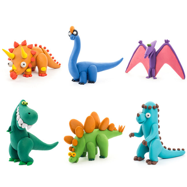 Six colorful clay dinosaur figures including T-Rex, Brachiosaurus, Stegosaurus, Triceratops, Pterodactyl, and Ankylosaur