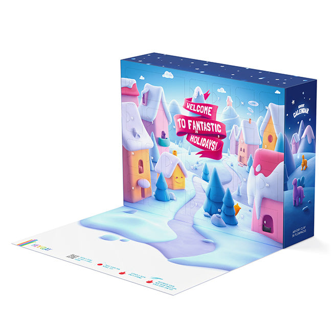 Hey Clay Advent Calendar box featuring a colorful winter village scene with snow-covered houses