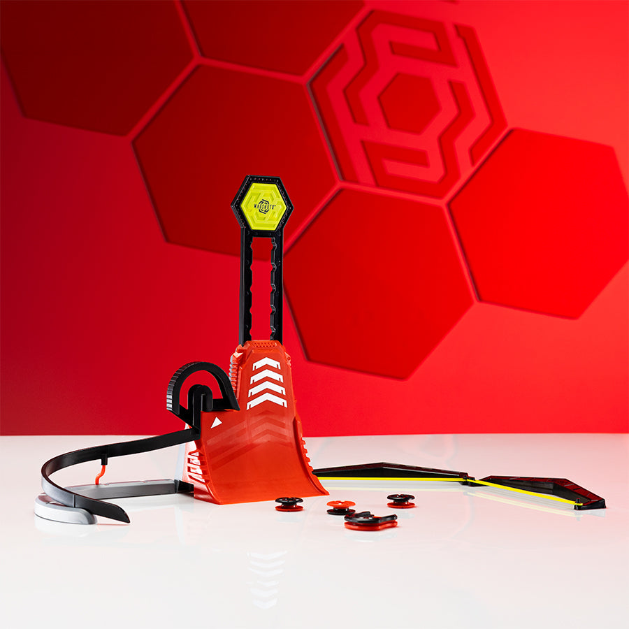 Magshuto 3-in-1 Vert Tower toy set with red launcher, black track, and yellow-green hexagonal target