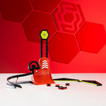 Magshuto 3-in-1 Vert Tower toy set with red launcher, black track, and yellow-green hexagonal target