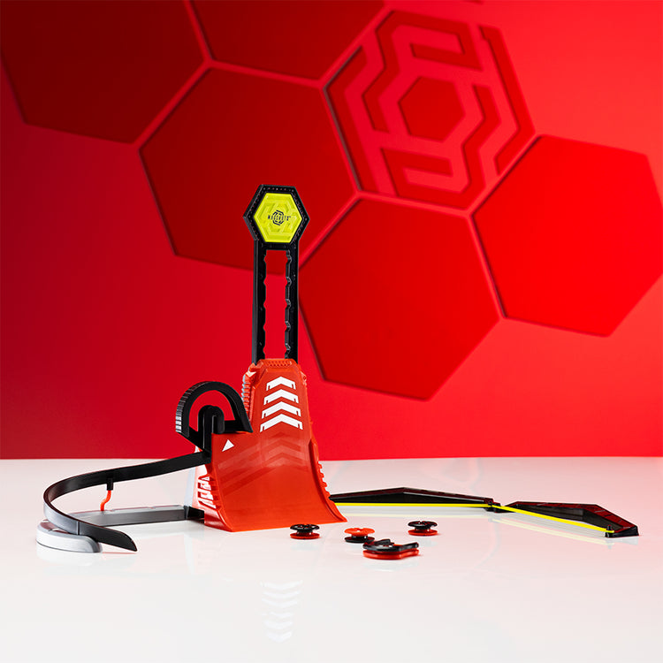 Magshuto 3-in-1 Vert Tower toy set with red launcher, black track, and yellow-green hexagonal target