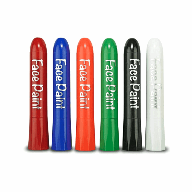 Six face paint sticks in classic colors: red, blue, orange, green, black, and white.