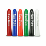 Six face paint sticks in classic colors: red, blue, orange, green, black, and white.