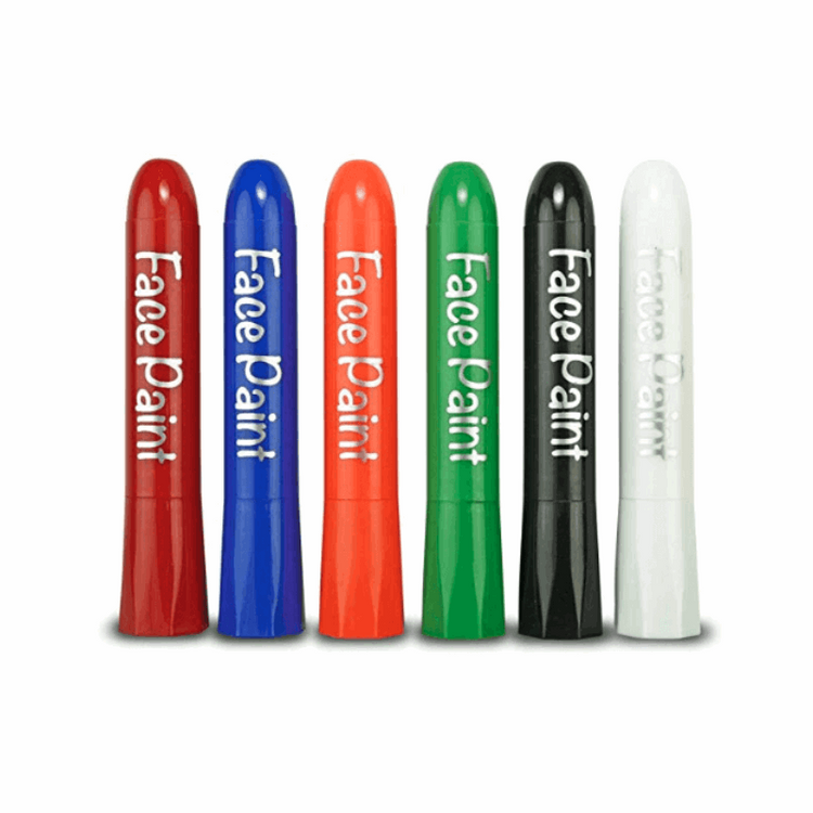 Six face paint sticks in classic colors: red, blue, orange, green, black, and white.