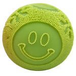 Lime green fuzzy squishy ball with smiley face and textured spiky border sensory toy