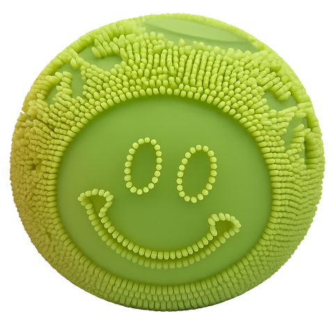 Lime green fuzzy squishy ball with smiley face and textured spiky border sensory toy