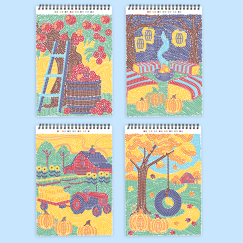 Four spiral-bound dot-by-letter activity pads featuring autumn pumpkin and pasture scenes in vibrant colors