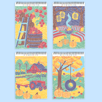 Four spiral-bound dot-by-letter activity pads featuring autumn pumpkin and pasture scenes in vibrant colors
