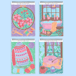 Four spiral-bound FlowArt Dot-By-Letter Winter Wonderland activity pads showing completed cozy seasonal dot art scenes