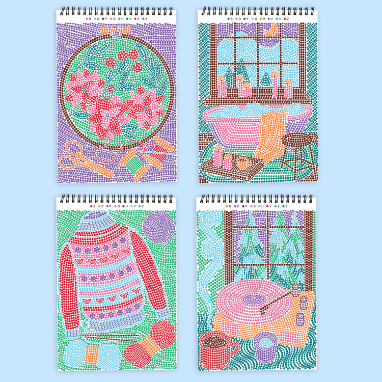 Four spiral-bound FlowArt Dot-By-Letter Winter Wonderland activity pads showing completed cozy seasonal dot art scenes