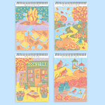 Four spiral-bound FlowArt Dot by Letter notebooks featuring fall-themed dotted artwork in warm autumn colors