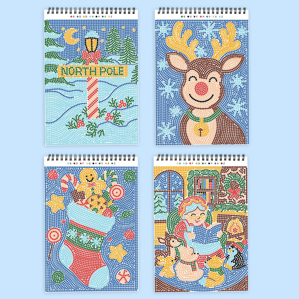 Four spiral-bound dot-by-letter activity notebooks featuring Christmas scenes including North Pole, reindeer, stocking, an...