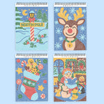 Four spiral-bound dot-by-letter activity notebooks featuring Christmas scenes including North Pole, reindeer, stocking, an...
