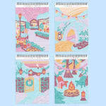 Four spiral-bound FlowArt Dot by Letter Winter Wonderland activity notepads displaying colorful dot-art holiday scenes.