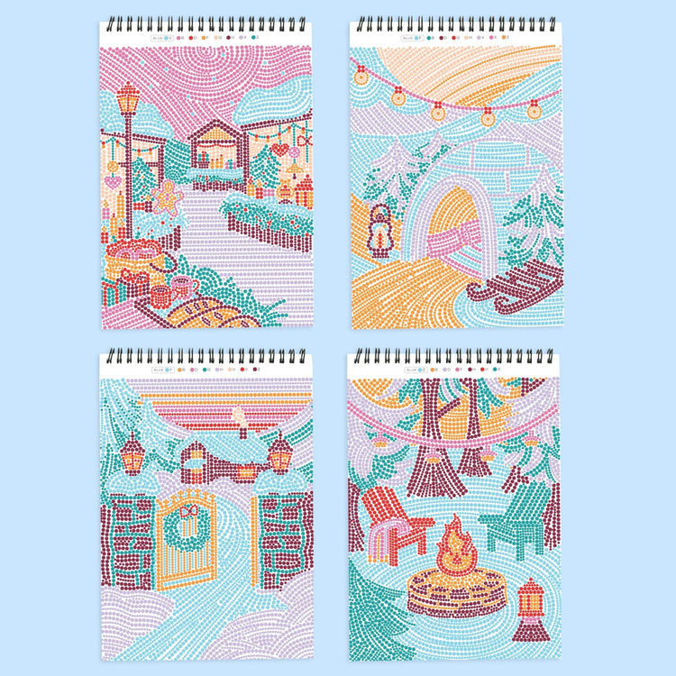 Four spiral-bound FlowArt Dot by Letter Winter Wonderland activity notepads displaying colorful dot-art holiday scenes.