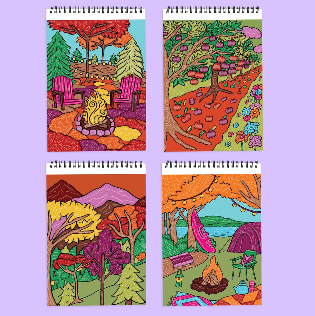 Four spiral-bound FlowArt coloring pads featuring vibrant fall-themed illustrations on lavender background.