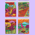 Four spiral-bound FlowArt coloring pads featuring vibrant fall-themed illustrations on lavender background.
