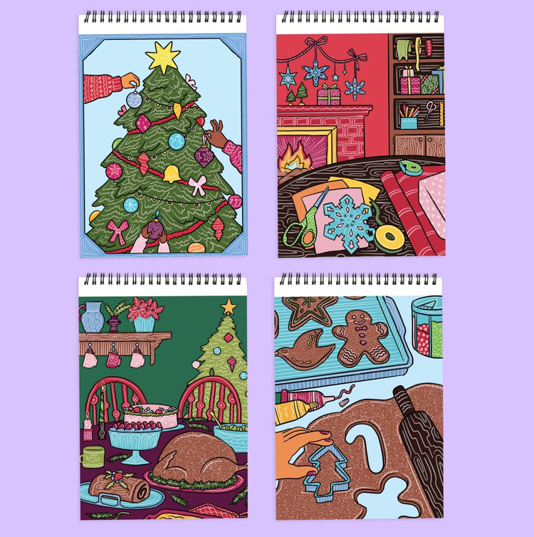 Four spiral-bound coloring notebooks featuring festive Christmas holiday scenes including tree decorating, crafting, dinin...