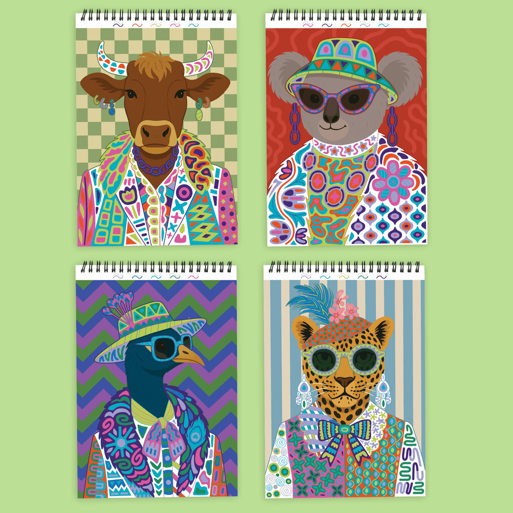 Four spiral notepads featuring colorful anthropomorphic animals in bold patterned outfits on green background