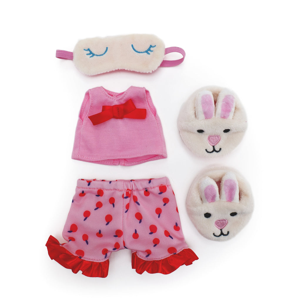 Groovy Girls doll pajama set with pink top, cherry shorts, sleep mask, and bunny slippers