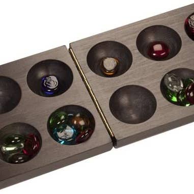 Mancala | Folding Dark Wood & Glass Stones Game - 1