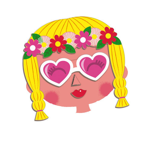Illustrated girl face with blonde braids, flower crown, and pink heart-shaped sunglasses magnetic toy