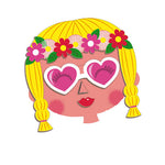 Illustrated girl face with blonde braids, flower crown, and pink heart-shaped sunglasses magnetic toy