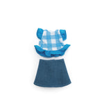 Groovy Girls doll outfit with blue gingham ruffled top and denim mini skirt